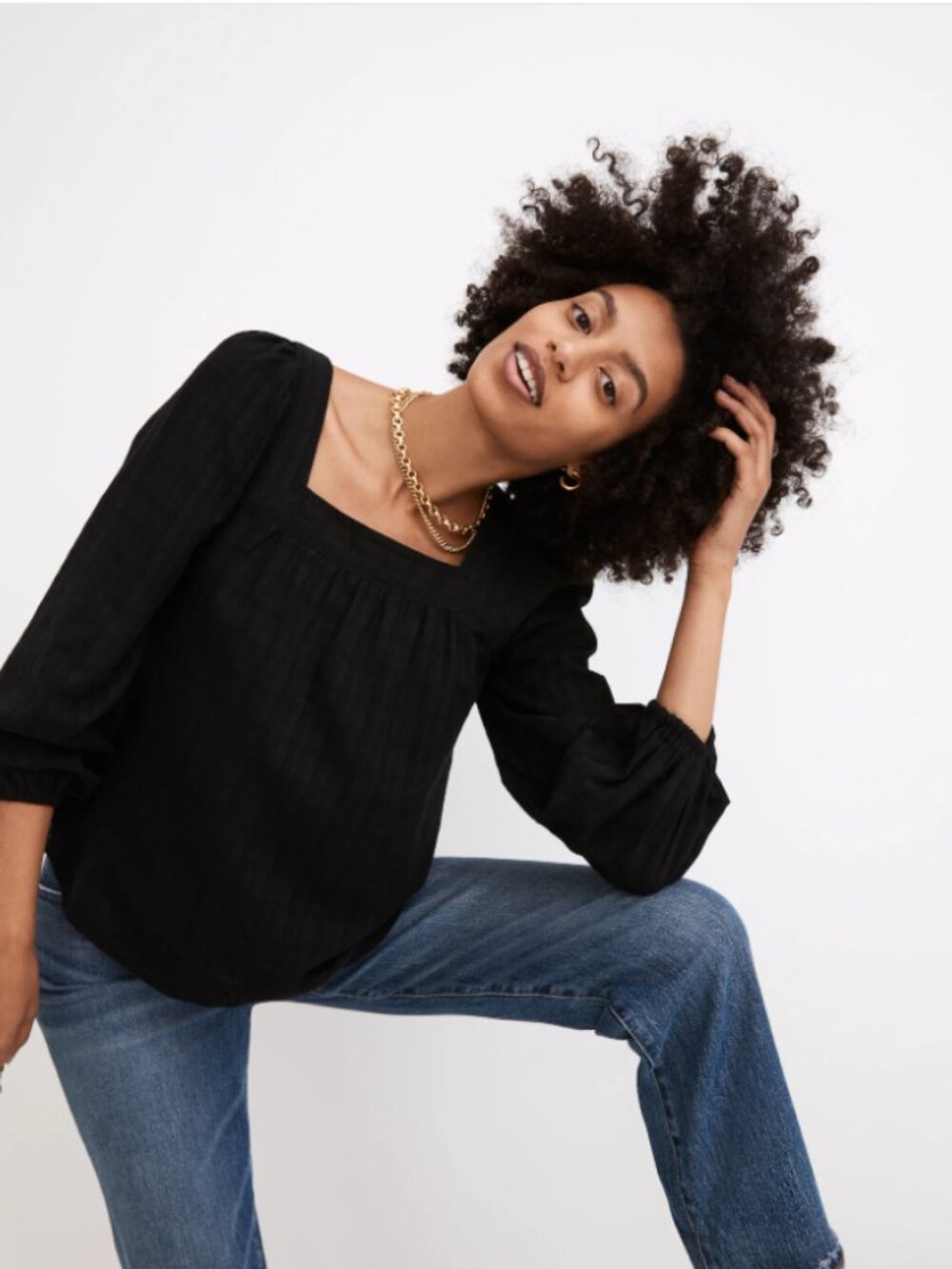 Madewell Black Square-Neck Bubble-Sleeve Top in Plaid XS